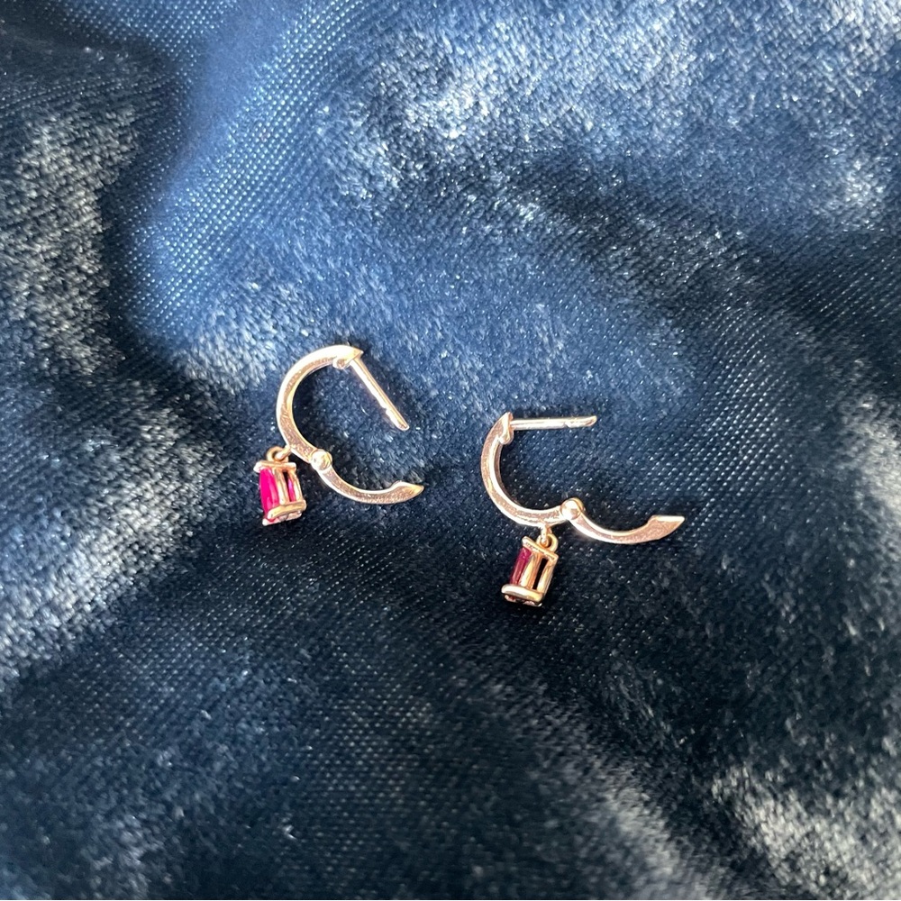 14k Solid Gold Ruby Huggie Earrings - image 2